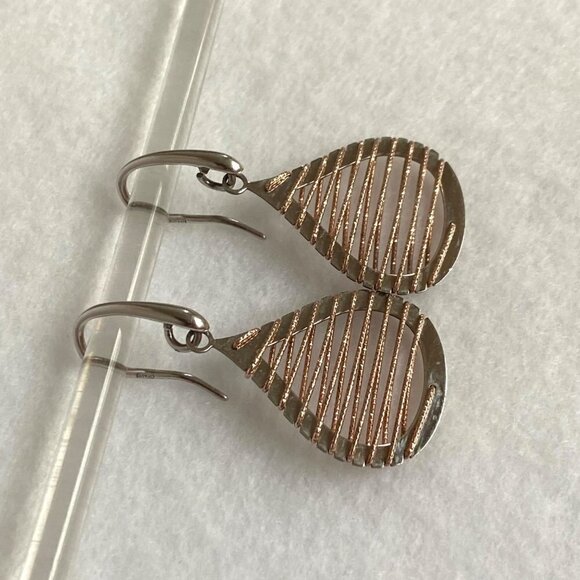 Sterling Silver 925 Italy Modernist Brass Woven Accent Teardrop Dangle Earrings - Picture 5 of 16